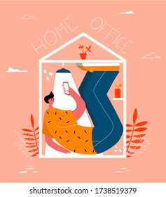 Self isolation concept. Young people working from home during Covid-19. All stay at home. Self-isolate from a pandemic. Remote work from home during Quarantine. Vector flat illustration