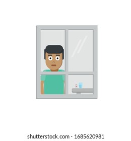 Selbstisolierung, Corona-Virus, ein Mann sieht aus dem Fenster, weil er in Isolation ist