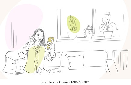 Self isolation at coronavirus quarantine time, Woman talking video call on smartphone and waiving with hand, Hand drawn illustration Vector sketch