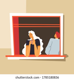 Autoaislamiento de la pareja en casa, hombre y mujer en cuarentena del coronavirus. Personaje femenino tomando café matutino, mirando por la ventana. Persona que se aloja en su vivienda, vector de estilo plano