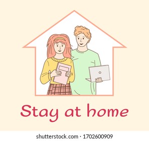 Self isolation doing household chores, reading a book, quarantine due to epidemic. Couple staying at home in self quarantine. Stay safe. Global viral epidemic. Vector illustration