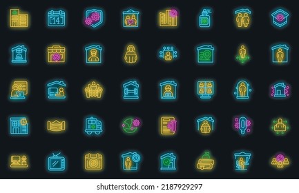 Self isolation icons set outline vector. Home house. Work safe vector neon