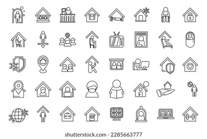 Self isolation icons set outline vector. Home work. Safe stay