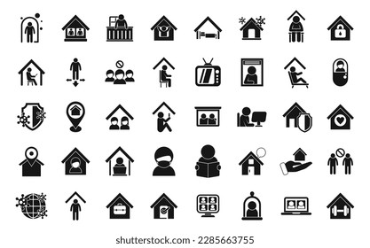 Self isolation icons set simple vector. Home work. Safe stay
