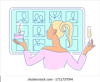 Self isolation, live stream birthday party celebration concept. Corona virus pandemic birth day illustration. Girl with cake and a glass of champagne, display with online guests on the background. 