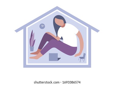 Self isolation mode. A woman works from home. A person feels cramped and claustrophobic while locked up. Depression in isolation. Stay at home.