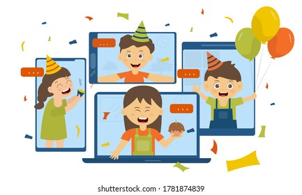 Autoaislamiento concepto de fiesta en línea , chicas y chicos Video call celebrando fiesta de cumpleaños con amigos, niñas y niños se están riendo juntos, felices a través de videollamadas. ilustración plana vectorial.