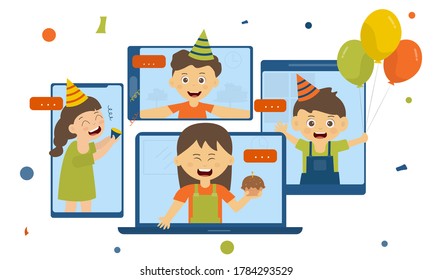 Self isolation online party concept , girls and boys Video call celebrate birthday party with friends, girls and boys are laughing together, happy through video call. vector flat illustration.