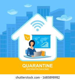 Self isolation from a pandemic.  Working from home during Covid-19 concept. 
Stay at home. Remote work from home during quarantine.
Flat poster for hospitals, medical facilities. Vector