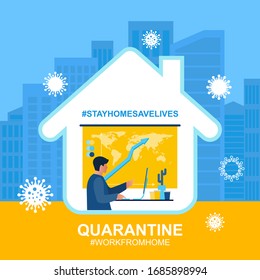 Self isolation from a pandemic.  Working from home during Covid-19 concept. 
Stay at home. Remote work from home during quarantine.
Flat poster for hospitals, medical facilities. Vector