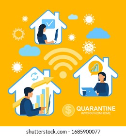 Self isolation from a pandemic.  Working from home during Covid-19 concept. 
Stay at home. Remote work from home during quarantine.
Flat poster for hospitals, medical facilities. Vector