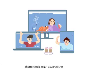 Self isolation or quarantine concept People stay at home, have collective virtual meeting for coronavirus preventive measures Young people have a video meeting for webinar Flat Art Vector Illustration
