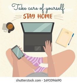 Self isolation, quarantine due to coronavirus. Vector illustration, flyer. Take care of yourself. Stay home