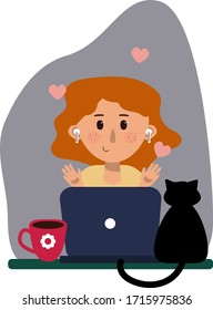 Self isolation quarantine illustration girl with cat