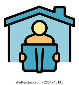 Self isolation reading icon outline vector. House online. People stay color flat