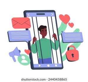 Self isolation in smartphone. Man prisoner in cage at phone screen. Inner prisoner with low self esteem. Negative feelings and emotions. Cartoon flat vector illustration isolated on white background