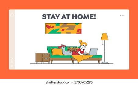 Self Isolation, Stay at Home Landing Page Template. Woman on Couch Working with Laptop with Cat Sleep on her Back. Female Character Chatting in Internet, Watch Video Online. Linear Vector Illustration