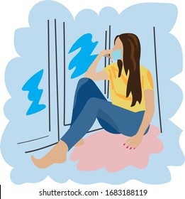 Self isolation. Stay at home. Virus protection. Girl in a medical mask on the windowsill. Home quarantine.