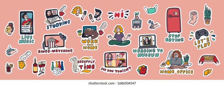 Self isolation from virus pandemia cartoon flat hand drawn stickers set. Stay home, stay safe, read, play console games, wash hands, work from home, binge watching movies etc. 