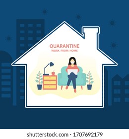 Self isolation. working from home during Covid-19. All stay at home. Self-isolate from a pandemic. Remote work from home during Quarantine. flat design, illustration, background - Vector