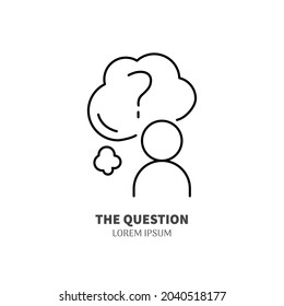 Self knowing line icon concept. Human with cloud with quetion mark outline stroke element. Psychologist counseling. Psychotherapy, depression. Editable stroke vector illustration
