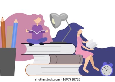 Self learning concept. Little girls with developing hair, sitting on books and reading fascinating stories. Around an alarm clock, a table lamp and a glass with pencils. A stack of books. Library. 