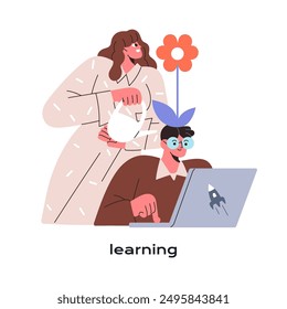 Self learning, development concept. Mentor assists person to improve skills, ability. Man gets knowledges, studies with laptop. Online education. Flat isolated vector illustration on white background