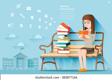 The self learning. Review of Books. Reading In Public Areas. Woman sitting on a bench in the park. Lifestyle urban.