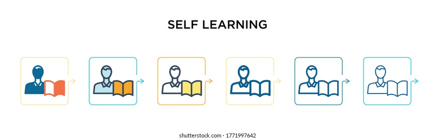 Self learning vector icon in 6 different modern styles. Black, two colored self learning icons designed in filled, outline, line and stroke style. Vector illustration can be used for web, mobile, ui