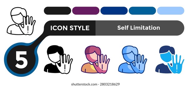 Self Limitation icon for illustrating imposed restriction systems, blocked potential, and constrained action patterns. Line, Filled, Color style.