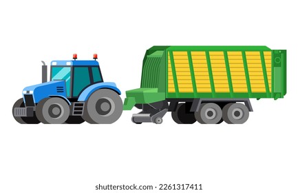 Ensilado autocargado de vagón de forraje, rastreado por el tractor para recoger hierba cortada en un paso y ensilado de carrete desde el campo hasta la abrazadera. Pintura de clip vectorial colorida sobre fondo blanco