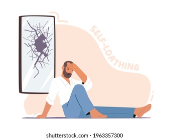 Self Loathing and Anger Concept. Depressed Unhappy Man Sitting on Floor with Broken Head near Cracked Mirror. Male Character need Psychological Help, Mind Health Problem. Cartoon Vector Illustration