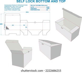 Self Lock Bottom Box. Duplex-310 gsm. Dimensions: 200 X 100 X 100 mm (Eps file scale 1:1). 2D: Real illustrations. 3D Box: Illustration only. Equipped die cut estimates prepared for production.