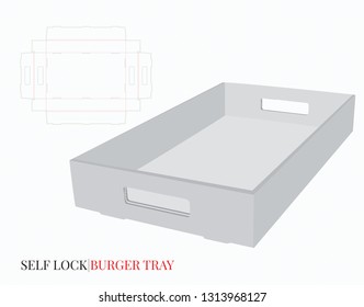 Self Lock Tray With Handles Template. Vector with die cut  laser cut layers.  White, empty, blank, isolated Corrugated Burger Tray on white background with perspective view. Packaging Design, 3D