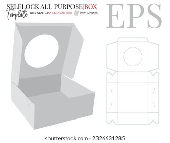 Self locking Box Template, Vector with die cut, laser cut layers. Self Lock Box, Cut and Fold. White, clear, blank Box mock up isolated on white background, perspective view. Packaging Design