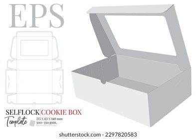 Self Locking Cookie box Template, Vector with die cut, laser cut layers. Cookies Box Illustration with window. White, clear, blank, isolated Paper Box mock up on white background with perspective view