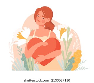 Self love abstract concept. Young woman embraces big red heart and cares about her wellbeing. Female character accepts herself. Mental health and body positive. Cartoon flat vector illustration