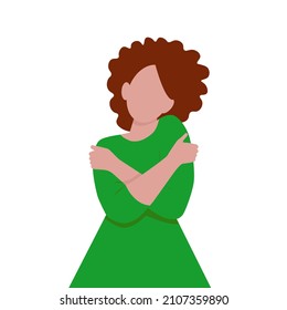 self love in afro theme. dark-skinned girl, curly hair, short. hugs herself.