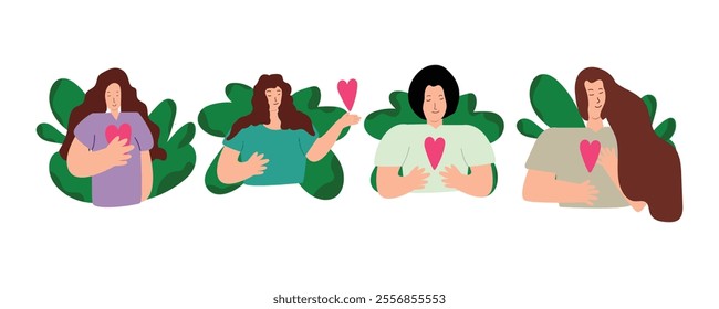 Self Love Awareness Concept Illustration.Woman Hugging Herself for Confidence and Mental Well being