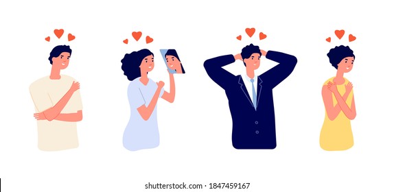 Self love. Be yourself, woman man hug and loving himself. Myself care me, positive happy people and girl look at mirror vector illustration