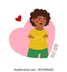 Self Love Black Woman Vector Illustration. Smiling Woman Hug Herself In Heart Shape. Body Care And Self Love Design Concept 