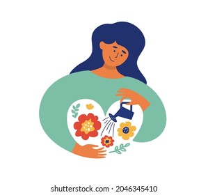 Self love, body care concept. Gentle to yourself vector illustration. Happy female grows garden within herself. Young woman irrigates inner flowers by watering can. Mental health psychological therapy