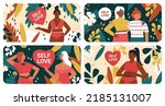 Self love, body positive acceptance and confidence healthy concept vector illustration set. Cartoon beautiful female characters hug, care and help each other, mental health and feminism background