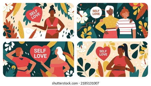 Self love, body positive acceptance and confidence healthy concept vector illustration set. Cartoon beautiful female characters hug, care and help each other, mental health and feminism background