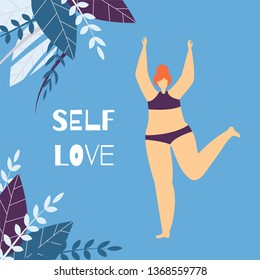 Self Love Body Positive Lettering Woman Motivate Flat Card Wise Phrase and Beautiful Plus Size Satisfied Girl Dancing Posing on Colored Copy Space Inspirational Banner Template with Leaves Design