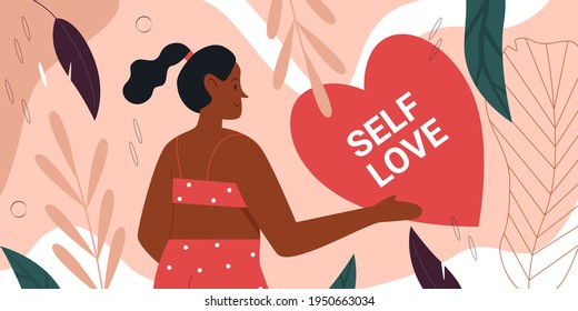 Self love body positive movement concept with cute happy fat woman in bikini standing
