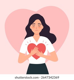 Autosamor ou conceito de autocuidado. Garota abraça o coração. Saúde mental. ilustração vetorial