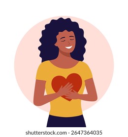 Autosamor e conceito de autocuidado. A menina feliz abraça o coração. Saúde mental.