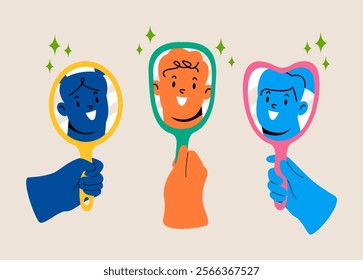 Self love, self care concept. Human hand holding mirror reflexing different faces. Colorful vector illustration
