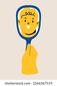 Self love, self care concept. Man staring at mirror reflection. Colorful vector illustration